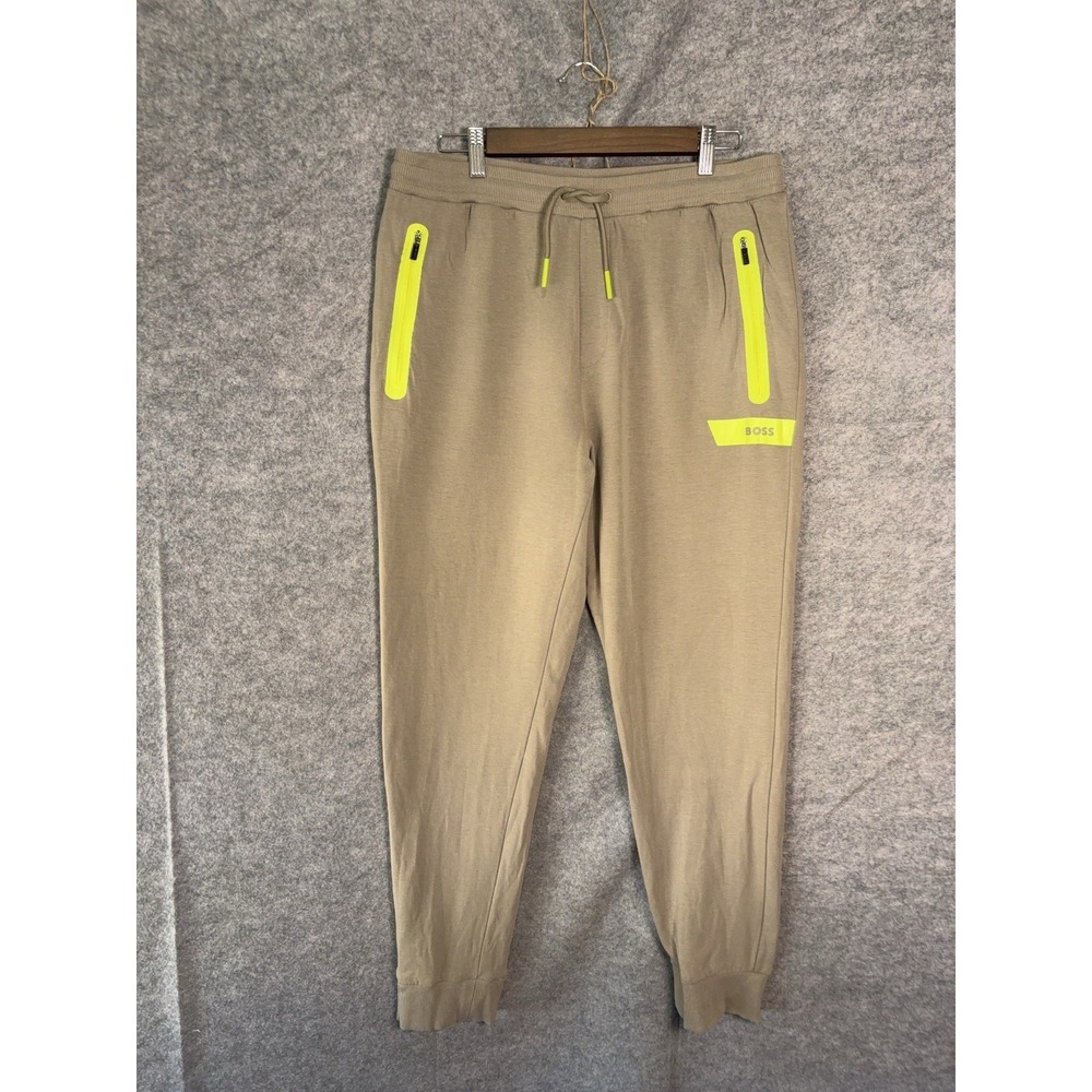 Hugo Boss Hadiko Joggers Mens XL Brown Yellow Sweatpants Stretch Zip Pockets